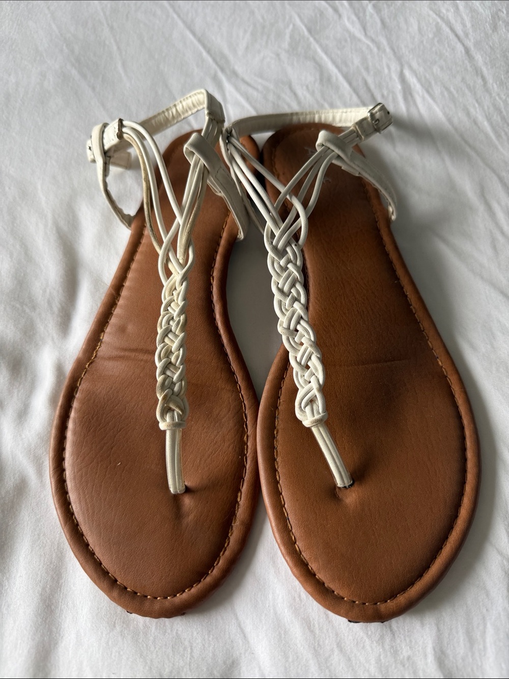 2/$7- Ardene White Braided T-Strap Sandals with Tan Footbed